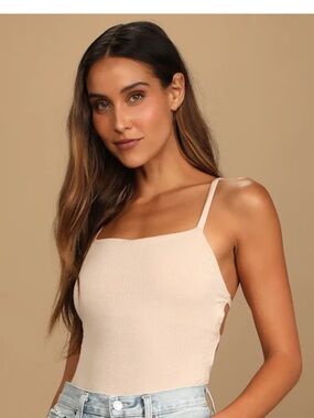 Lulu's NWOT Strappy Backless Cream Ribbed Square-Neck Bodysuit